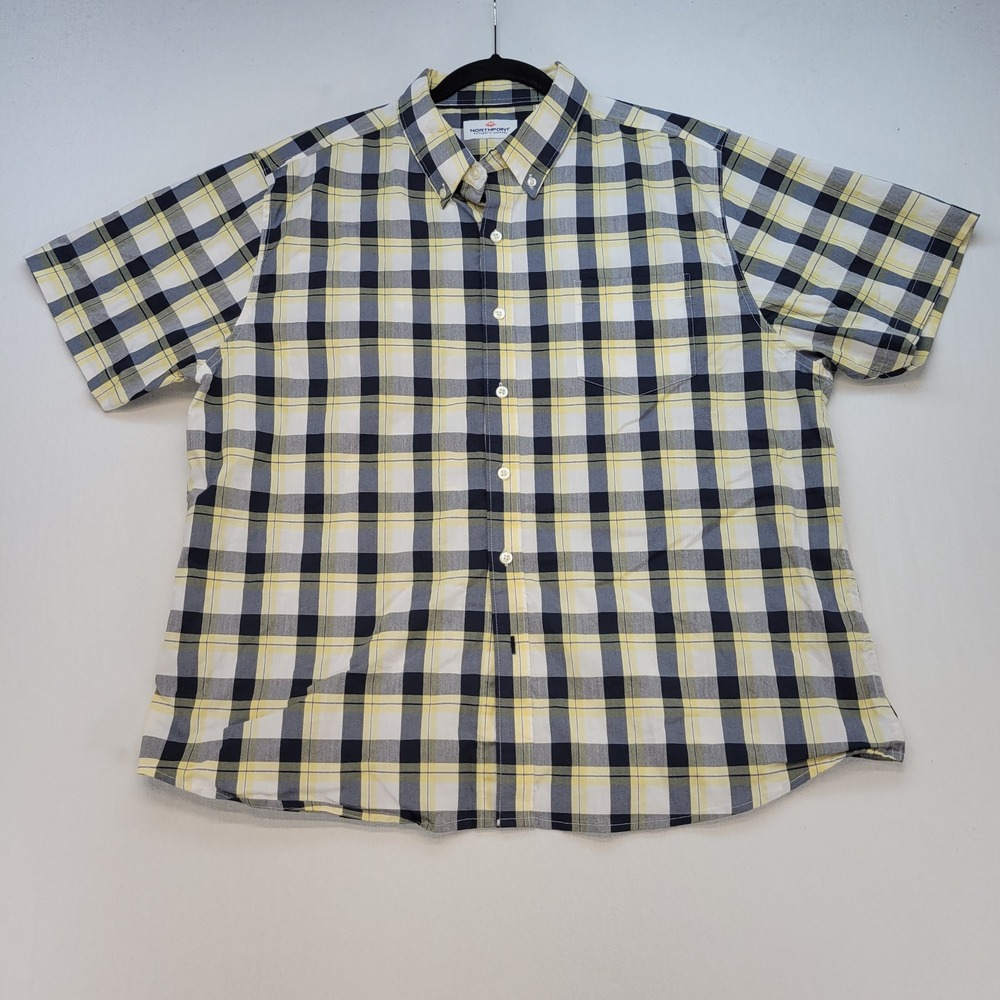 Northpoint Button Down Shirt Mens 2XL Yellow Plaid Short Sleeve Pocket Dad Beach
